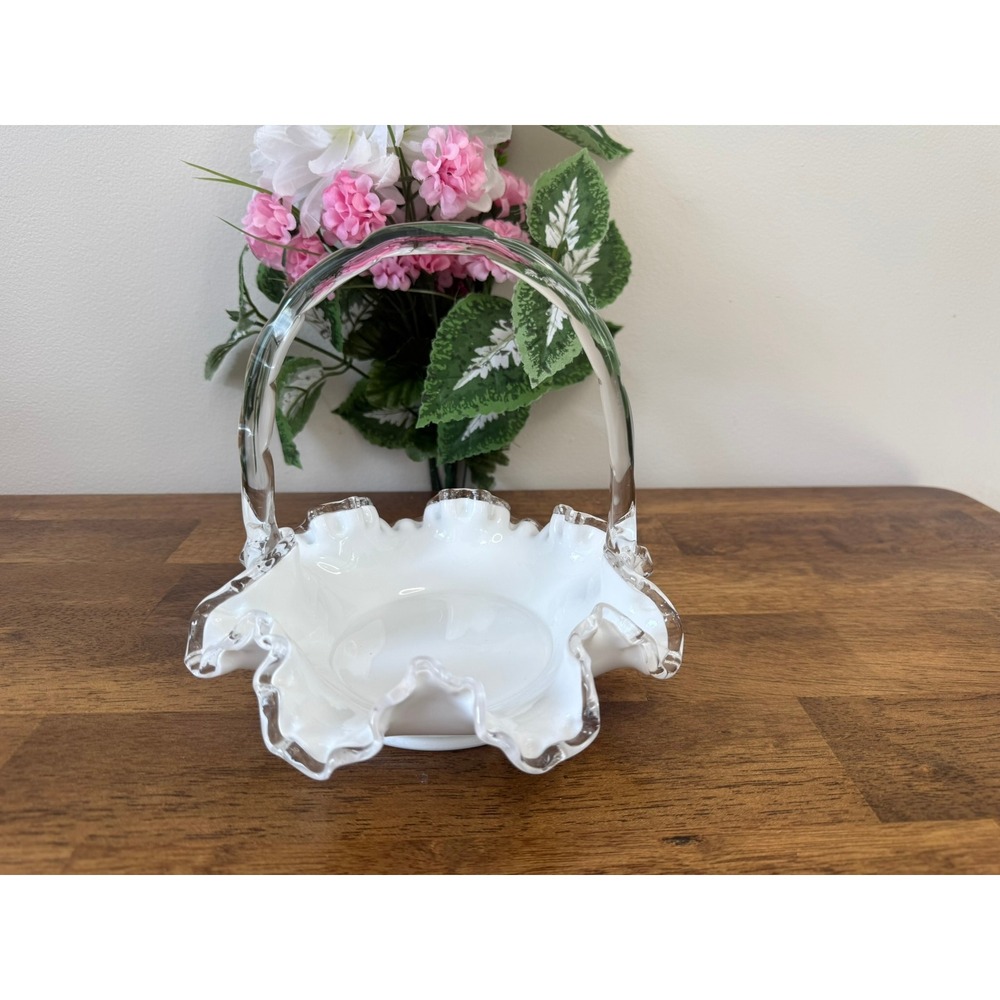 Fenton Silver Crest Milk Glass‎ Basket Clear Crimped Ruffle Handle Vintage Art